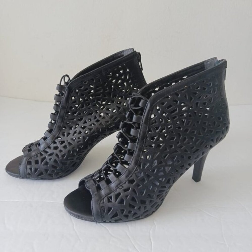 Aldo VTG Laser Cut Cage High Heel Shoes Open Toe Lacy Booties Black Sz. 39